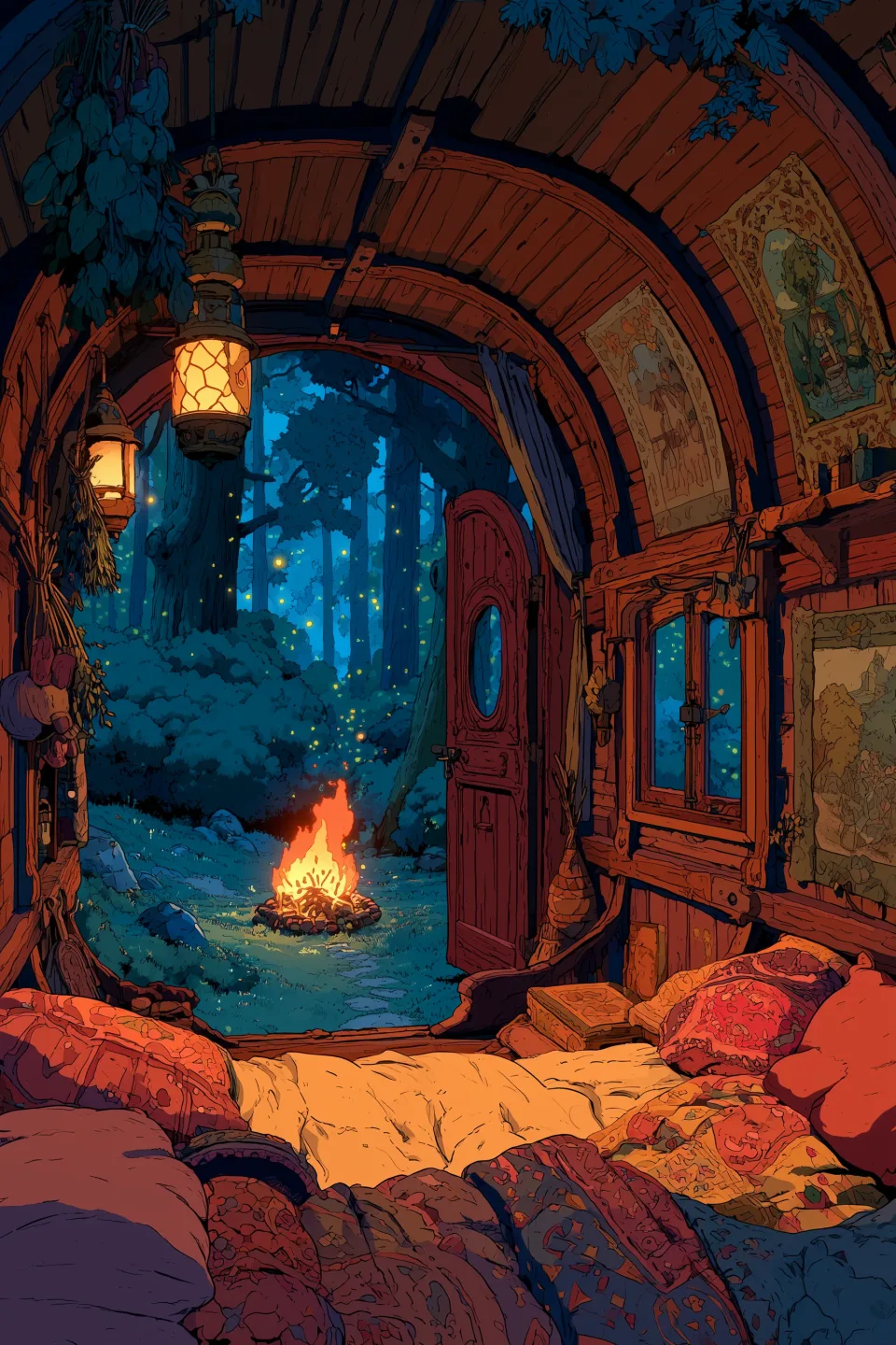 A wagon of quilts, a campfire at the door.