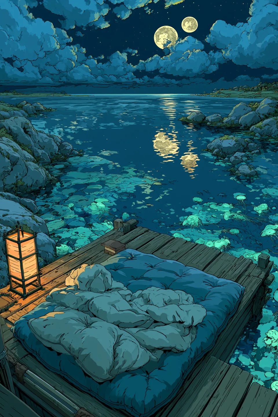 Two moons mirrored on a still, glowing sea.