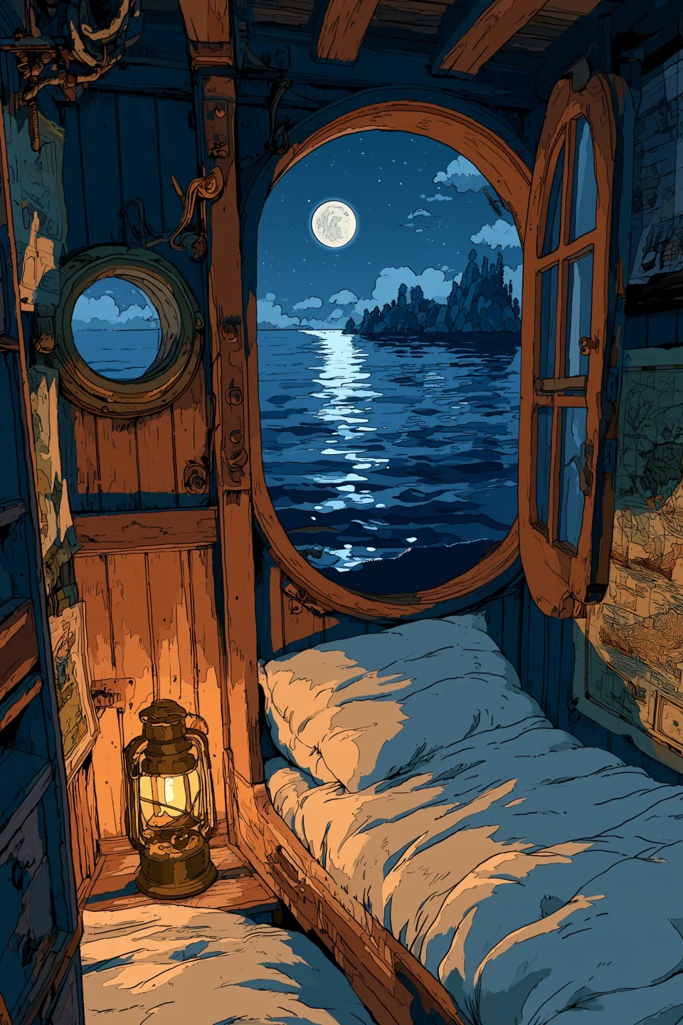 A boat cabin, moonlit sea at the porthole.