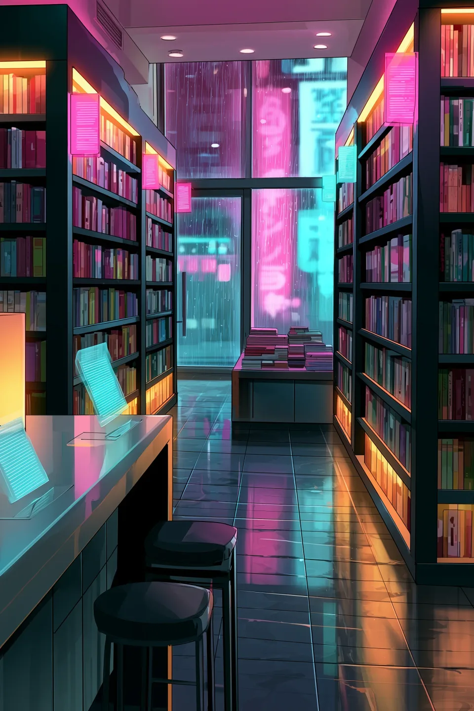 Narrow shelves, rain against the glass.