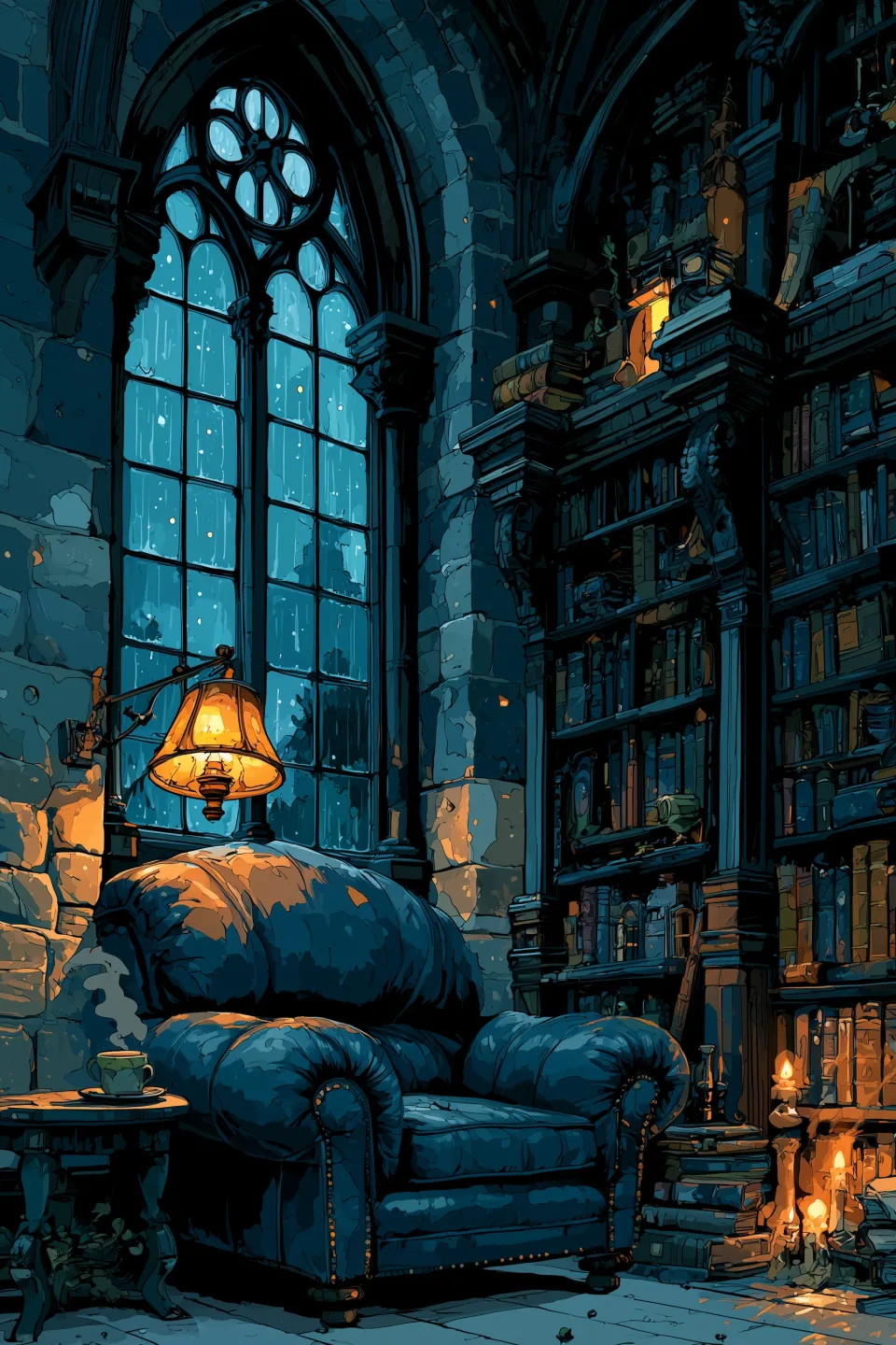 Rain on tall windows, lamplight, old tomes.